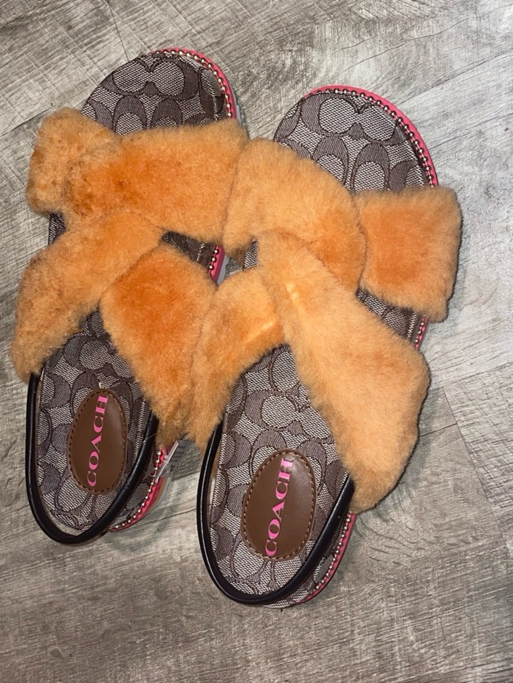 Coach Orange Shearling Cross-Strap Slides with Signature Monogram Footbed